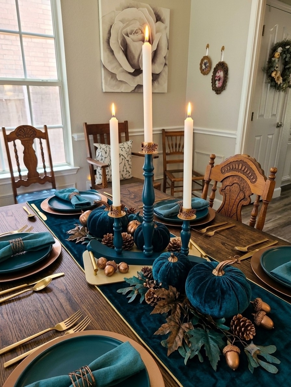 Deep Teal 3-Arm Wood Artisanal Folk-Art Candelabra Pattern Bronze Metal Cups